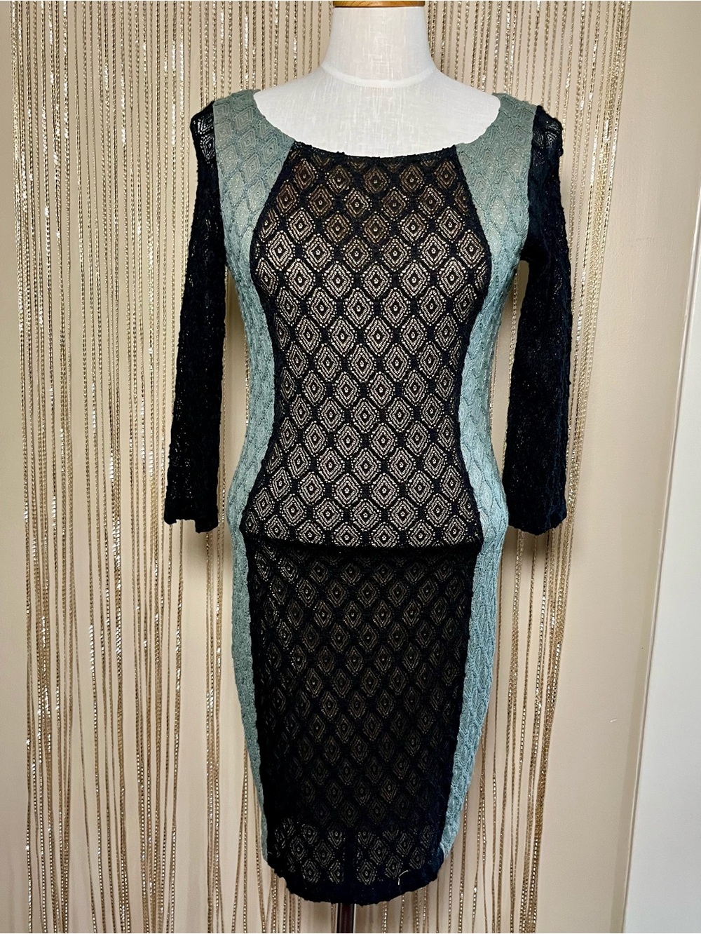 Bailey 44 Black Lace Bodycon Dress with Sage Side Panels Size M